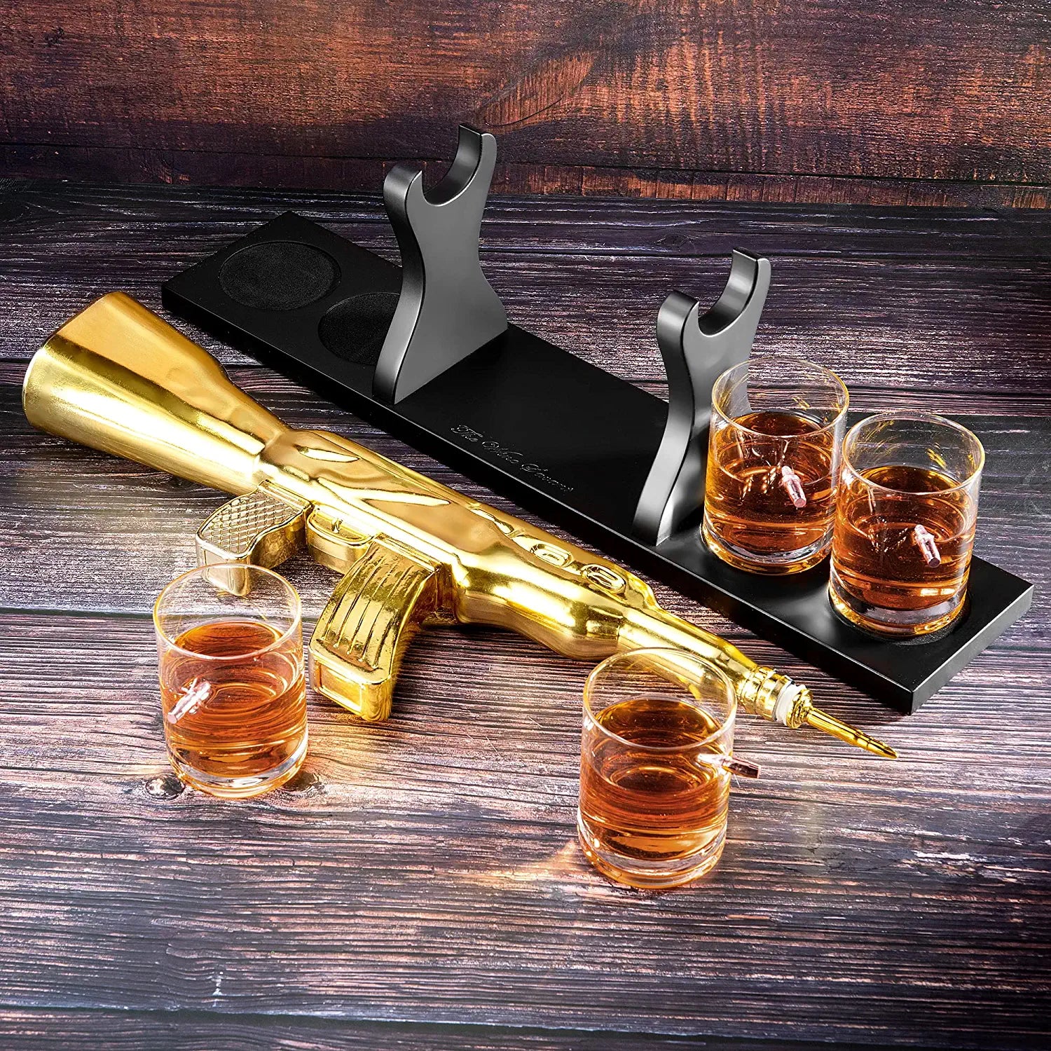 AK Gold Whiskey Decanter Set With 4 Bullet Whiskey Glasses