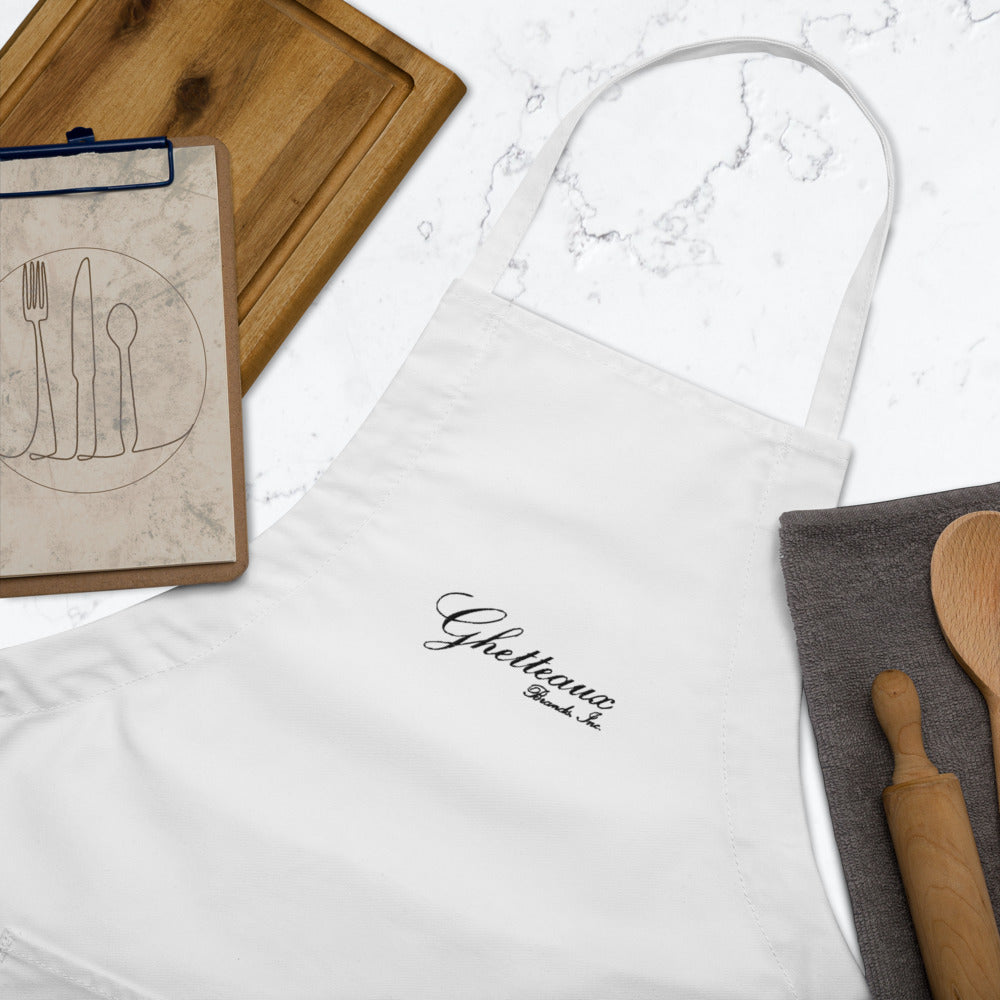 Classic Ghetteaux in Black Embroidery on White Apron