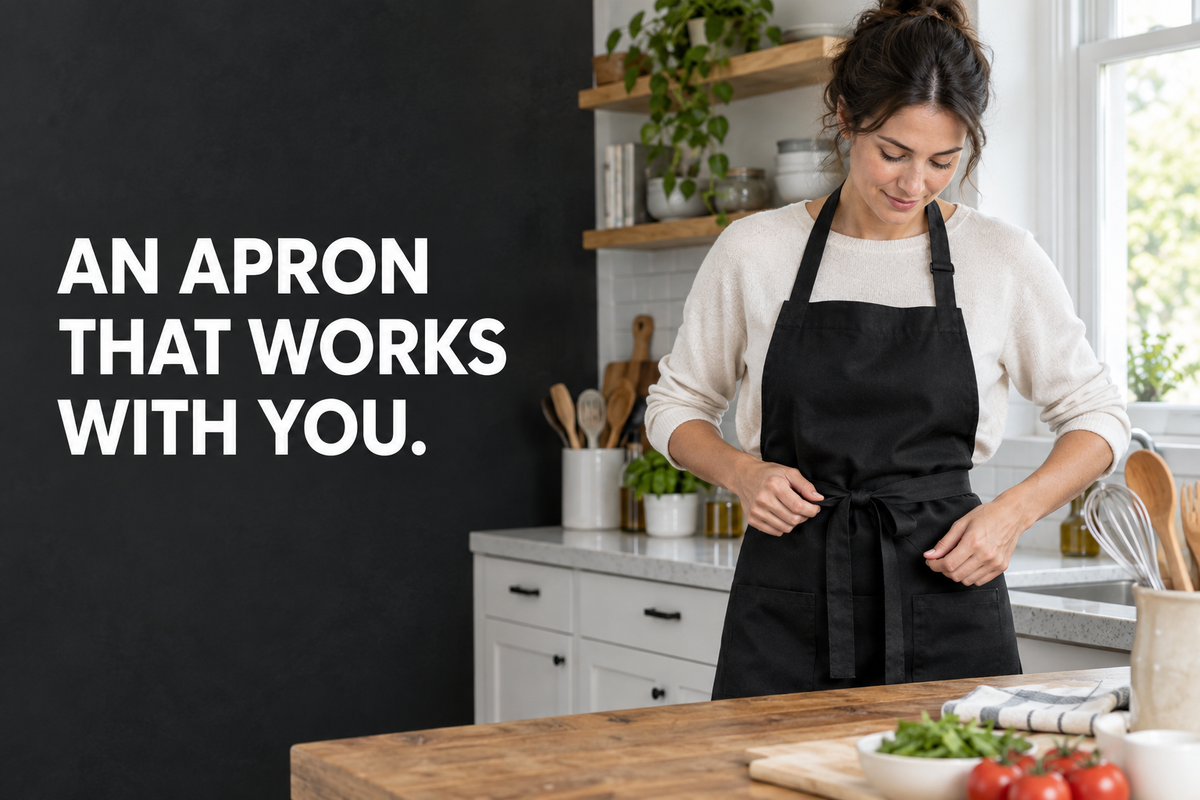 Home cook adjusting the waist ties of a black apron in a bright kitchen