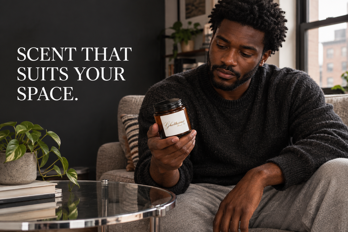 Black man holding a closed Ghetteaux amber-jar candle while seated beside a window