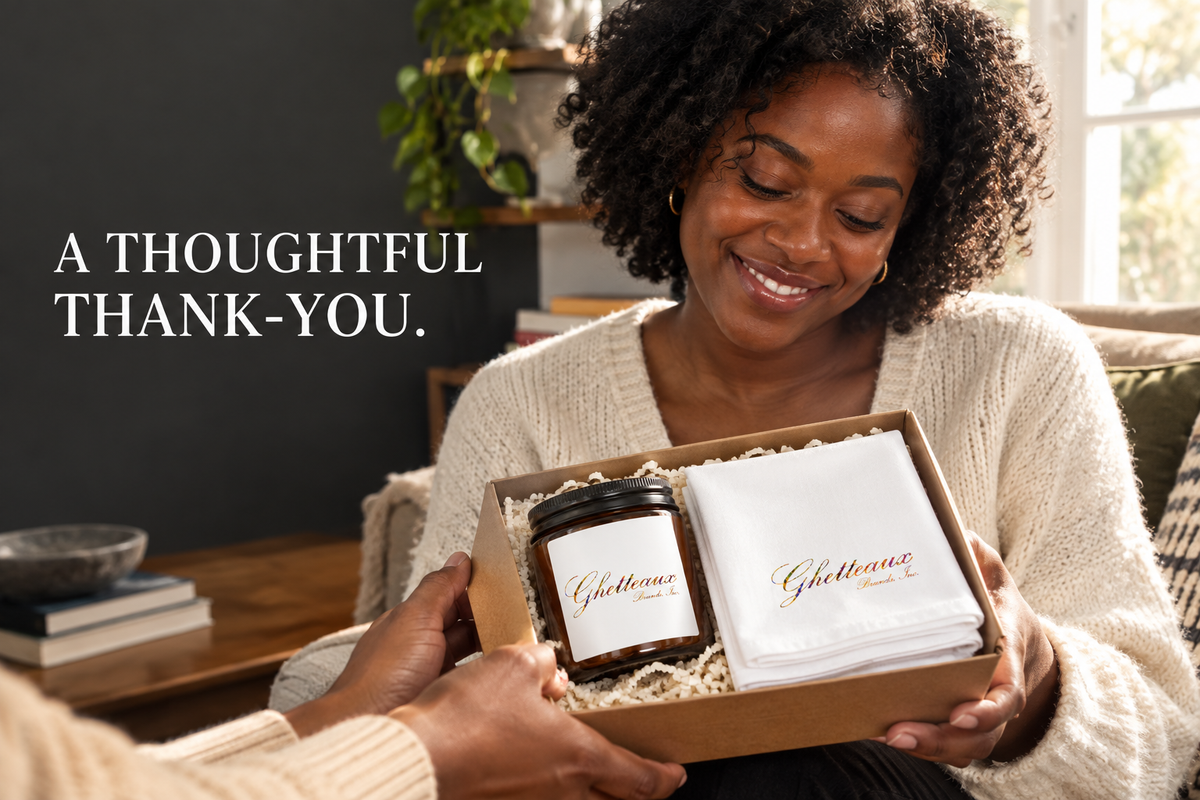 Black host receiving a gift box with a Ghetteaux amber candle and white branded cloth napkins