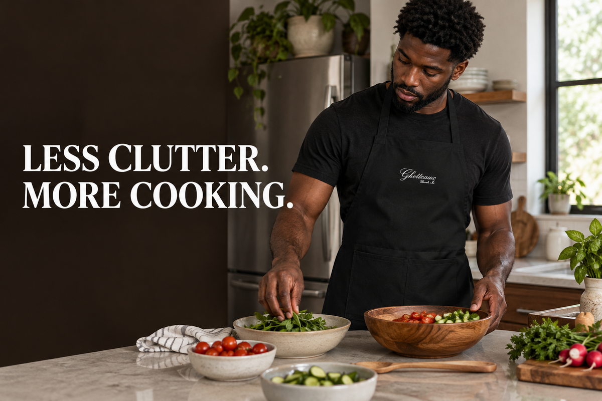 Black man preparing a salad while wearing a black Ghetteaux embroidered apron in a home kitchen