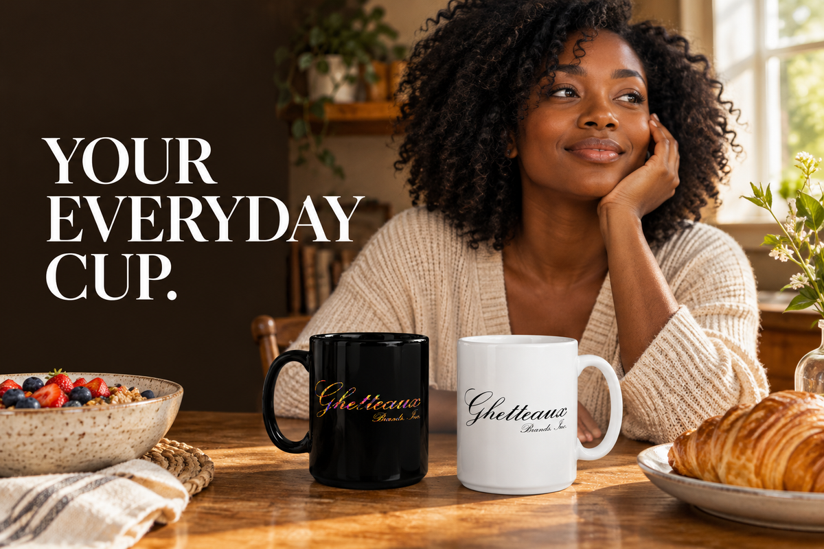 Black woman at a breakfast table with black Kente and white script Ghetteaux ceramic mugs