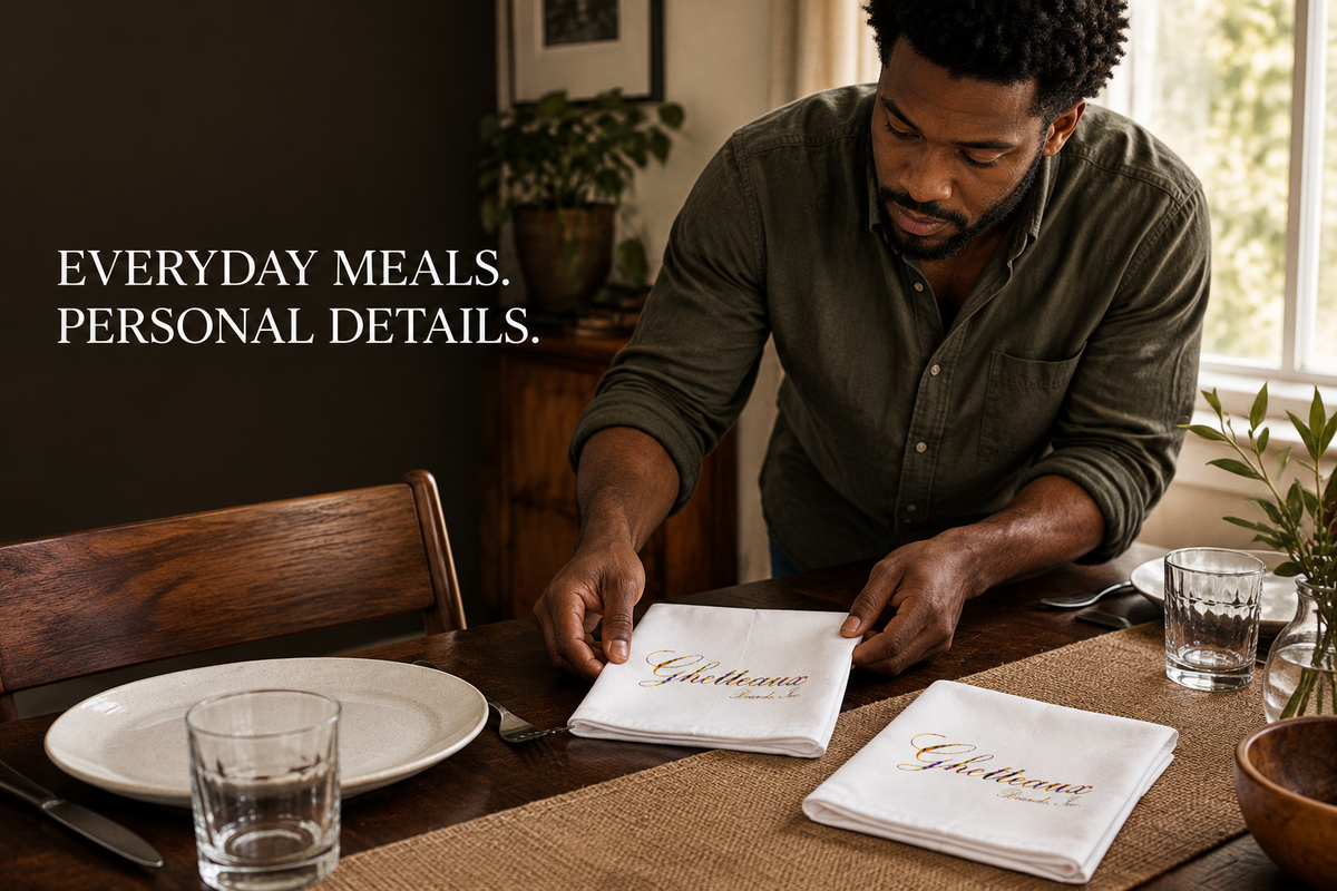 Black man arranging folded white Ghetteaux branded cloth napkins at a dining table
