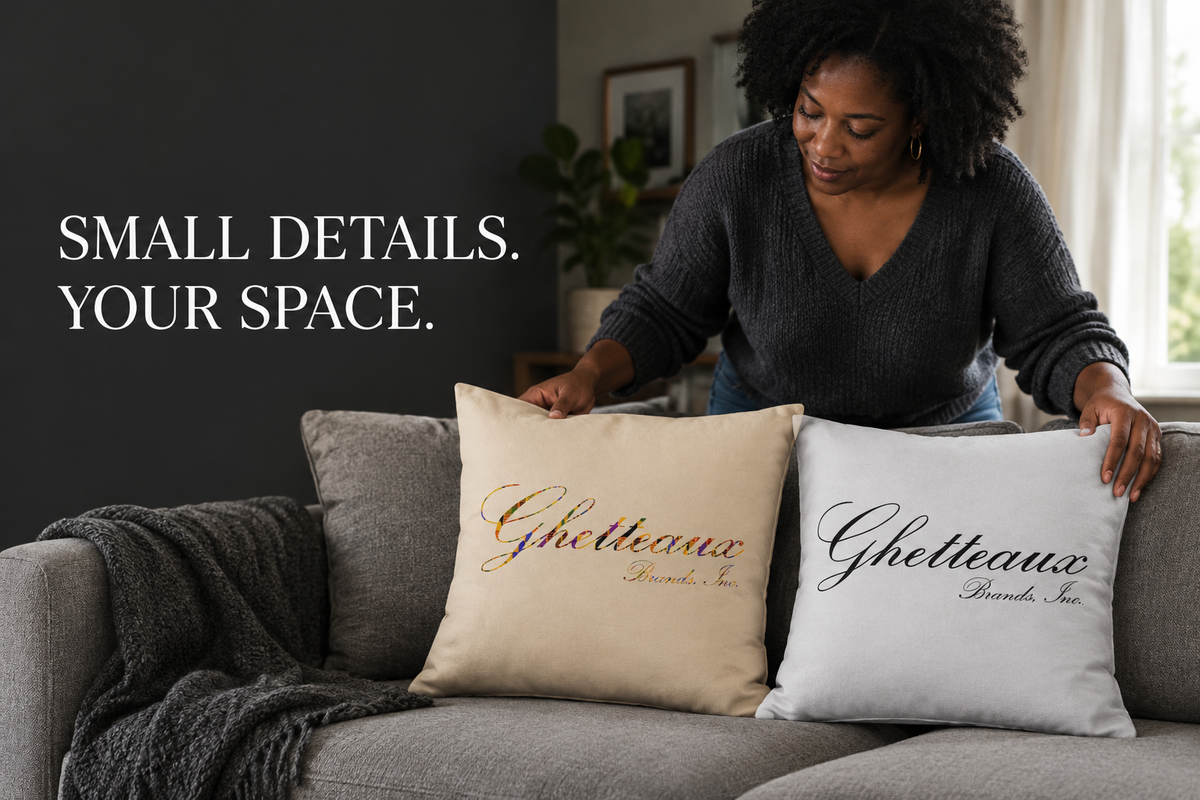 Black woman arranging sand and pale steel-gray Ghetteaux branded throw pillows on a sofa