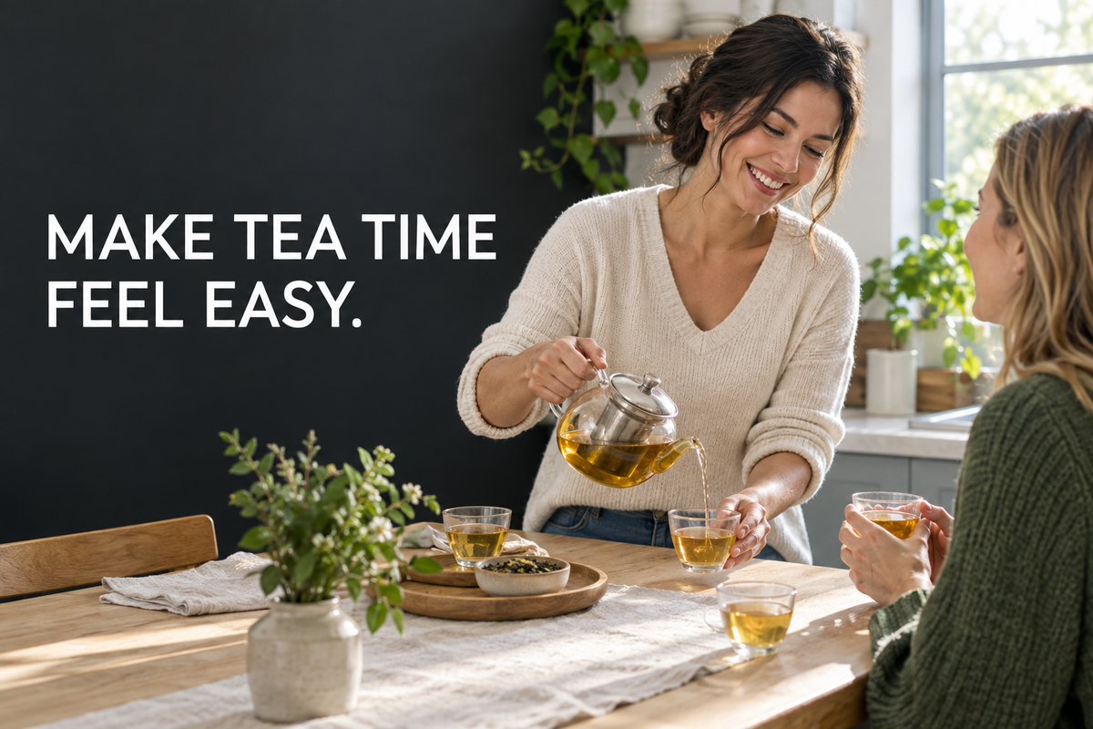 Person pouring tea from a glass teapot for a guest at a kitchen table