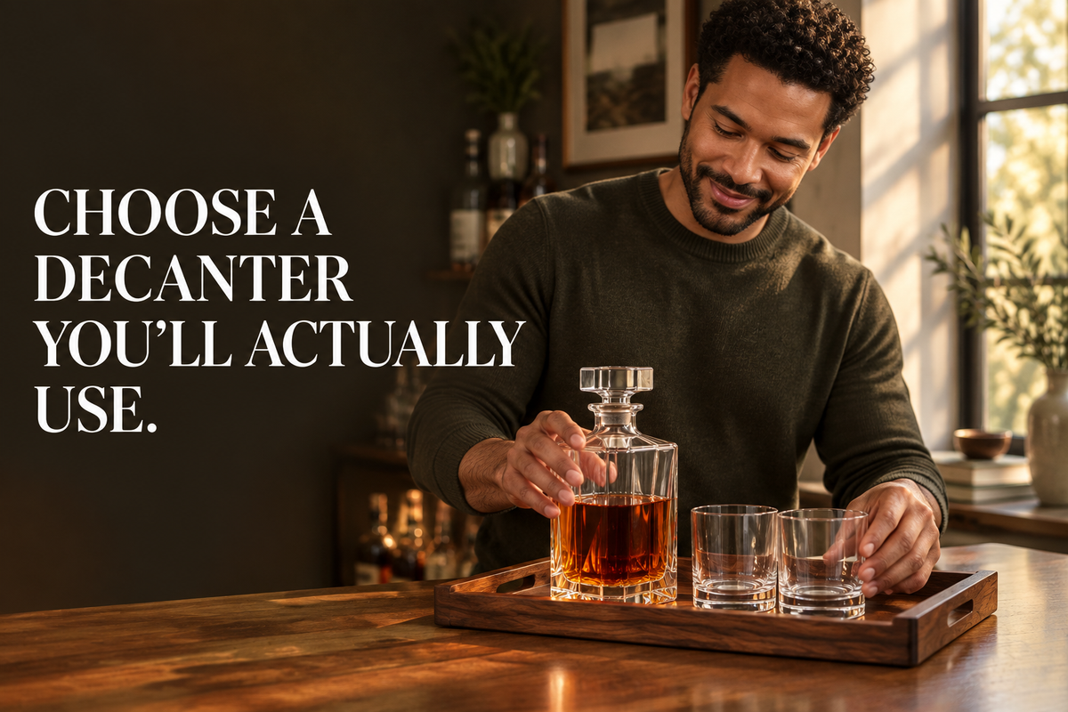 Host arranging a whiskey decanter and glasses beside the headline Choose a decanter you’ll actually use