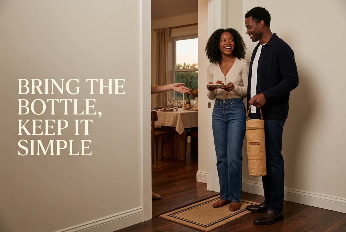 Generated lifestyle scene of a Black couple arriving for dinner with a tan cylindrical cooler tote with a brown strap, beside the words Bring the bottle, keep it simple