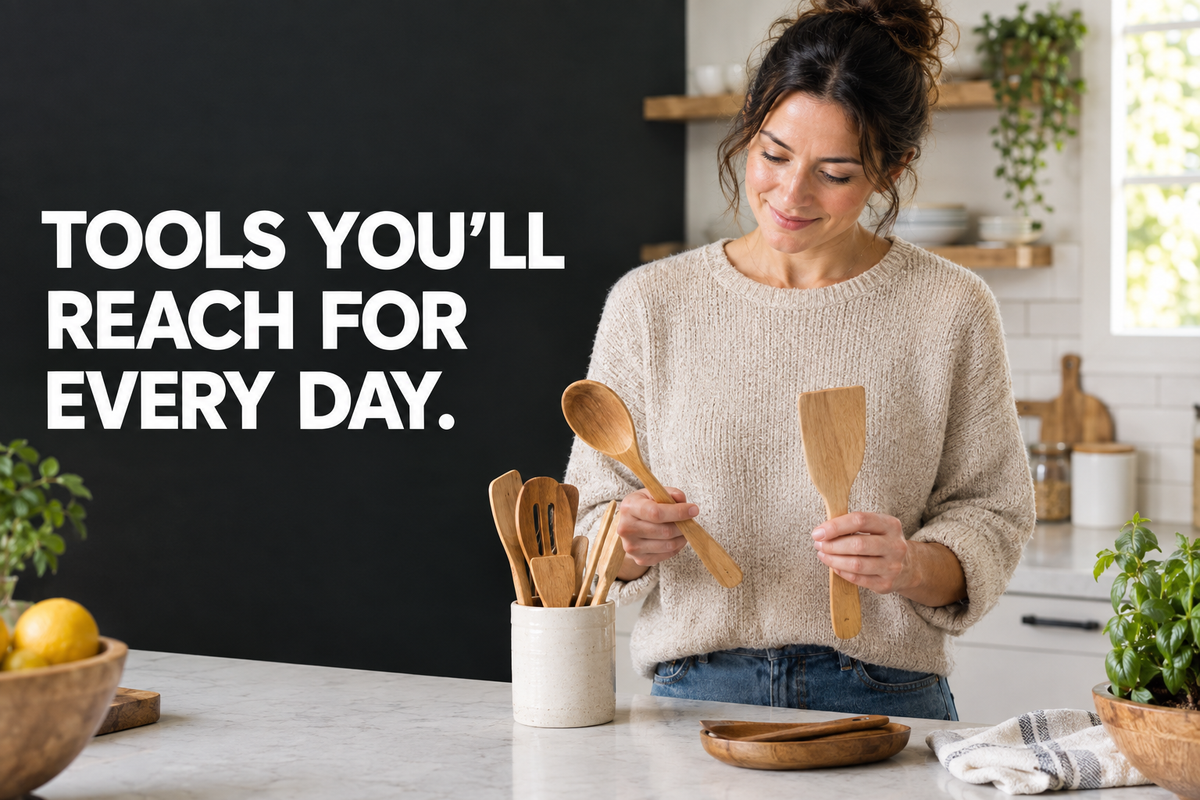 Home cook comparing a wooden spoon and flat wooden spatula at a kitchen counter