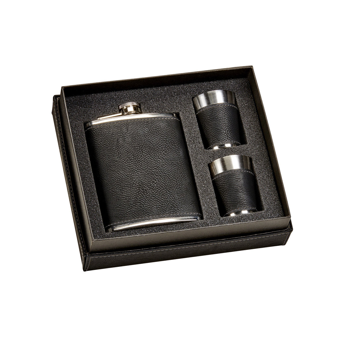 Black Leatherette Flask &amp; Stainless Steel Shot Glass Set-0