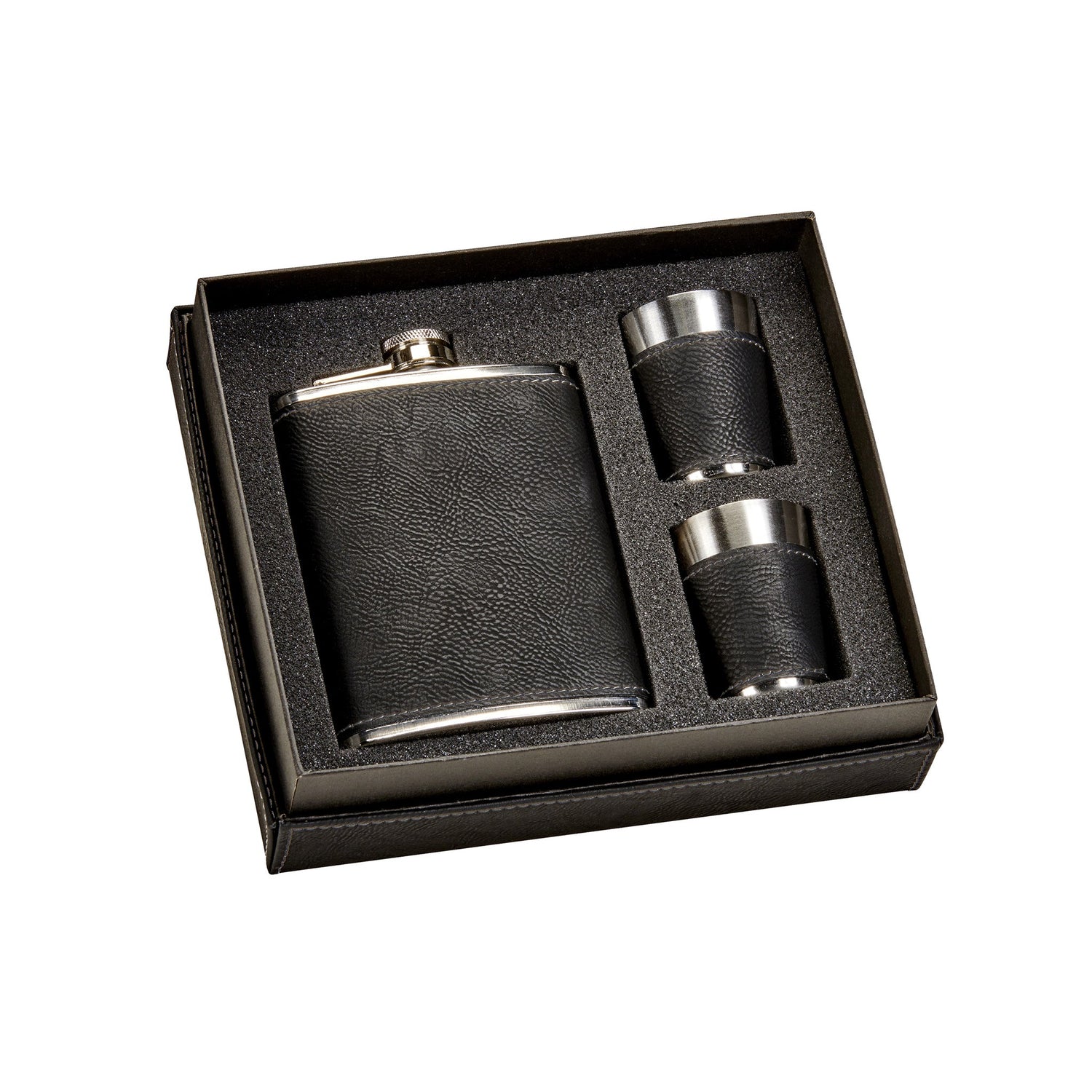 Black Leatherette Flask &amp; Stainless Steel Shot Glass Set-0