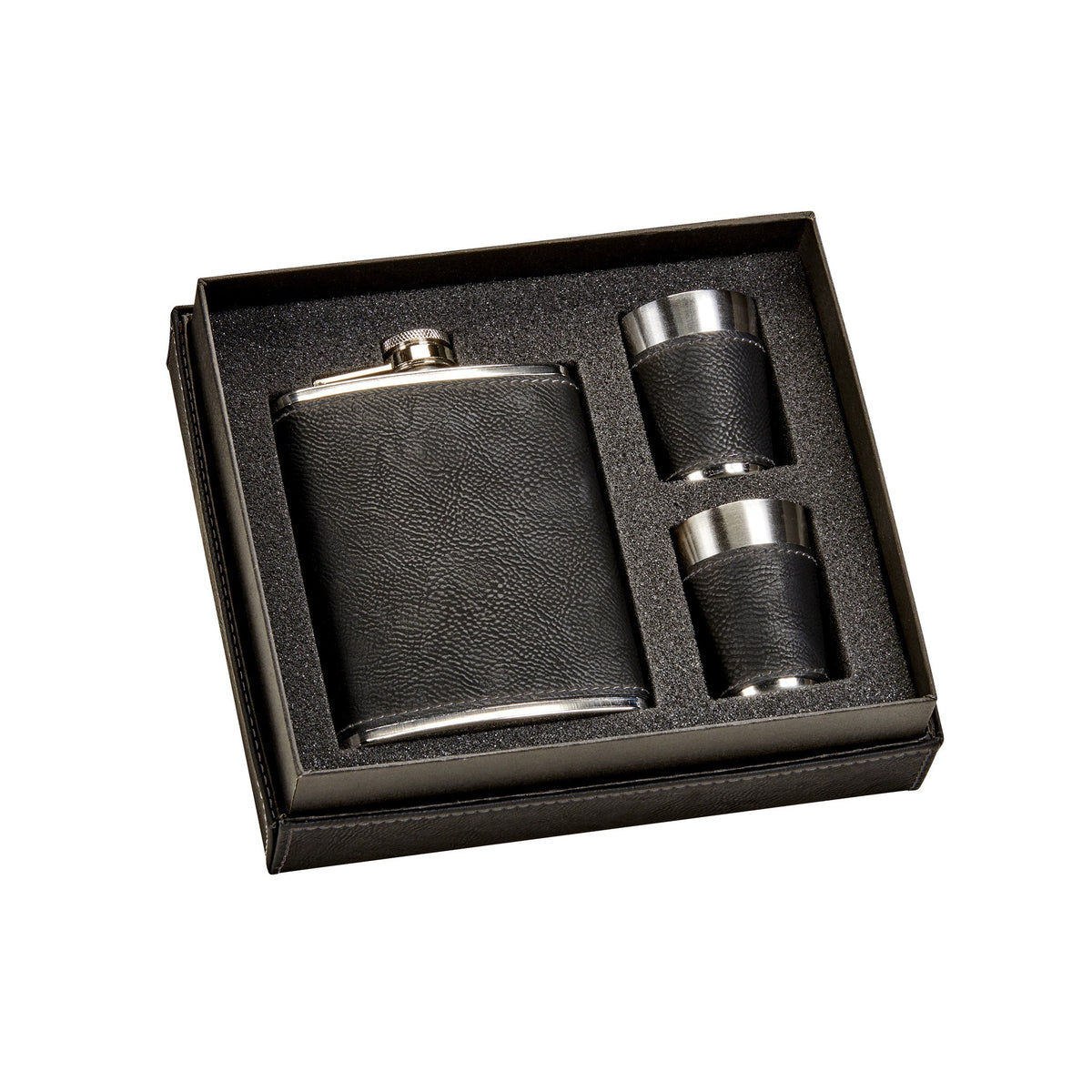 Black Leatherette Flask &amp; Stainless Steel Shot Glass Set-0