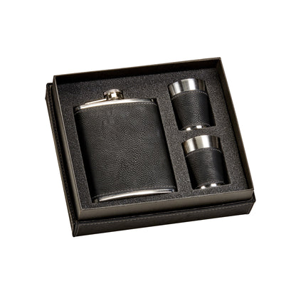 Black Leatherette Flask &amp; Stainless Steel Shot Glass Set-0