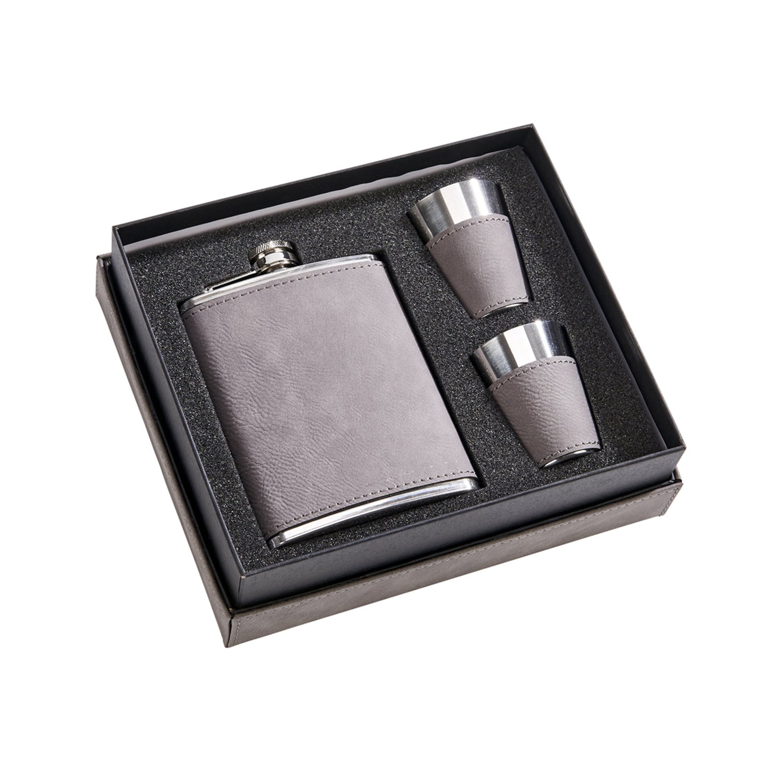 Grey Leatherette Flask &amp; Stainless Steel Shot Glass Set-0