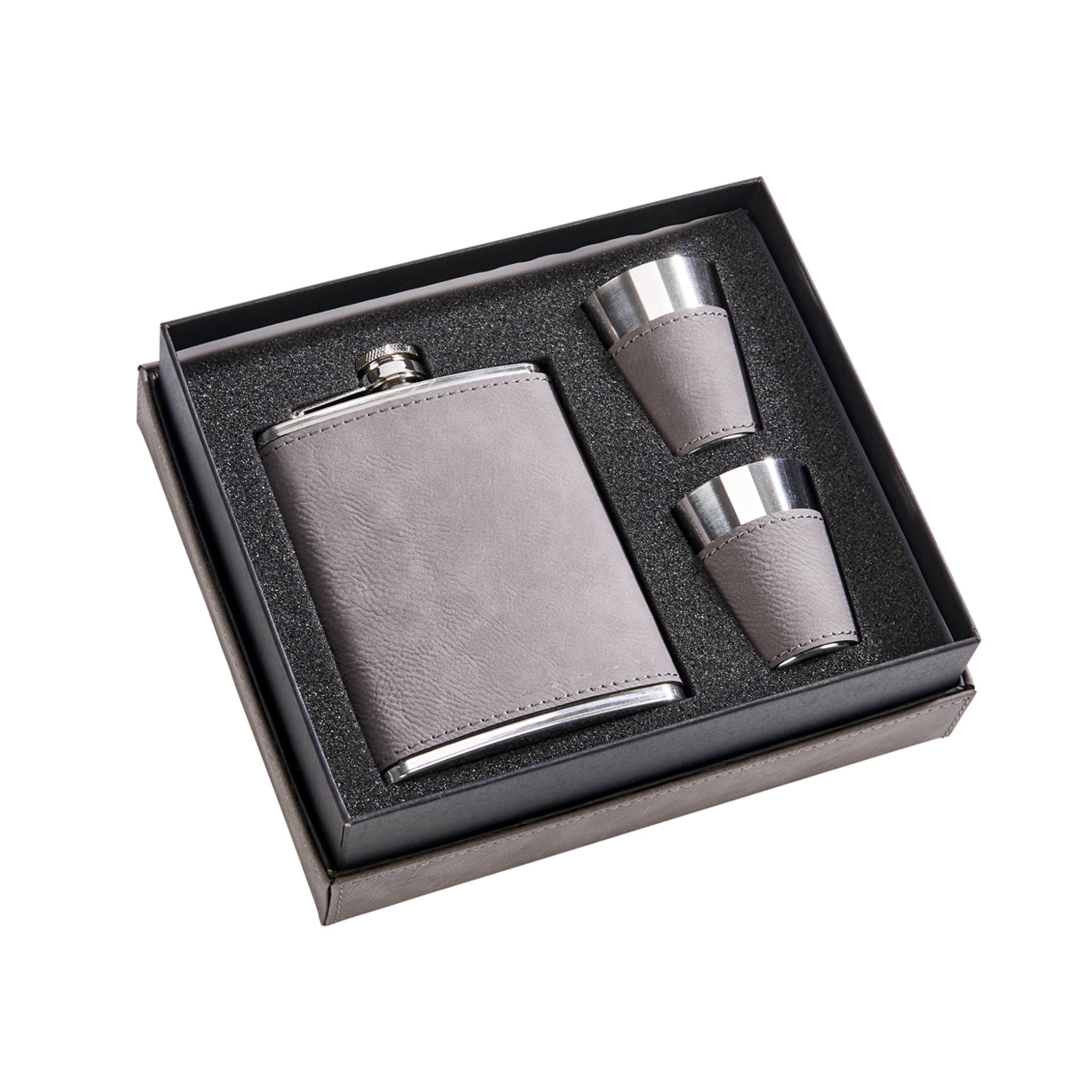 Grey Leatherette Flask &amp; Stainless Steel Shot Glass Set-0