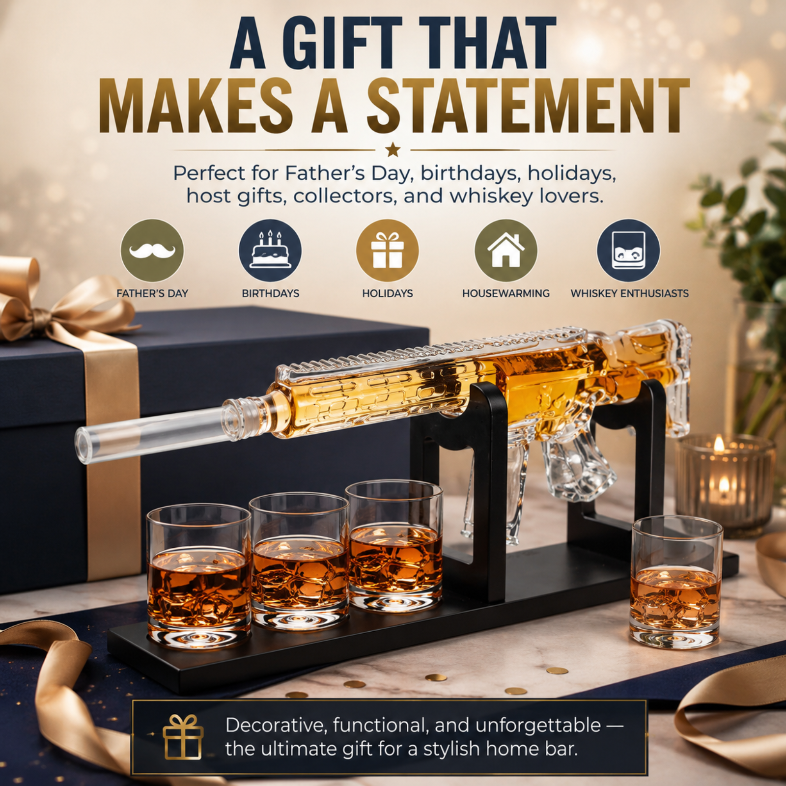 Crystal AR Limited Edition Whiskey Decanter Set with Silencer Stopper and 4 Whiskey Glasses