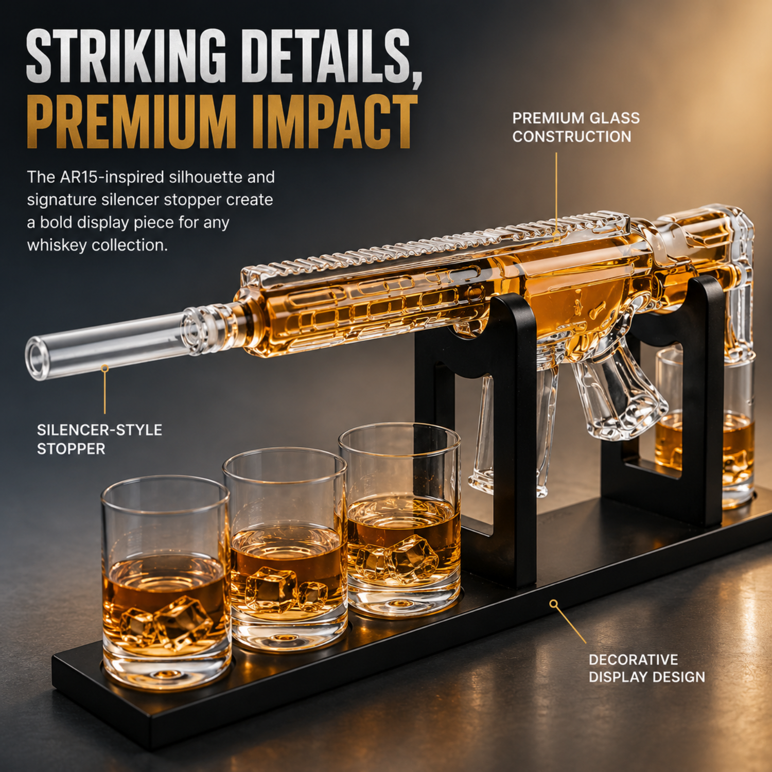 Crystal AR Limited Edition Whiskey Decanter Set with Silencer Stopper and 4 Whiskey Glasses