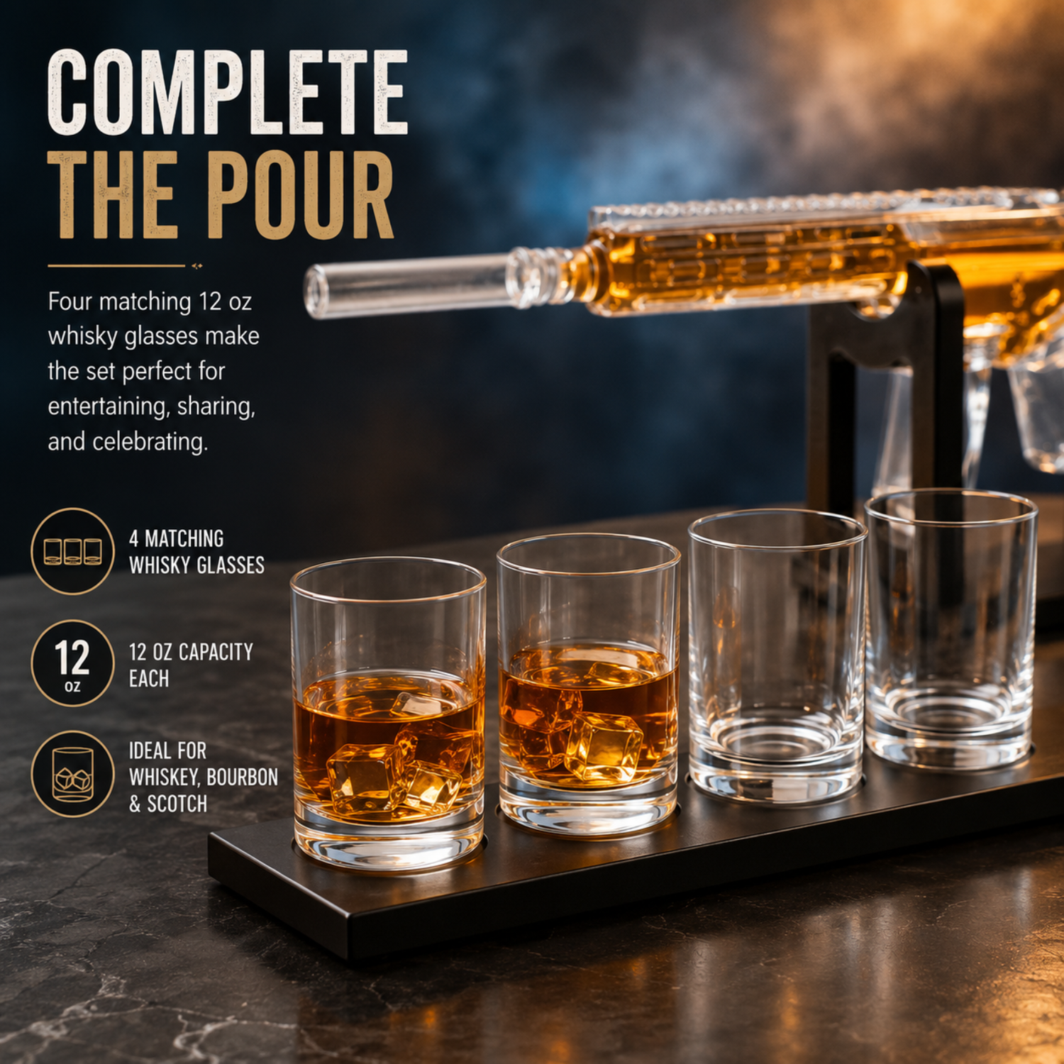 Crystal AR Limited Edition Whiskey Decanter Set with Silencer Stopper and 4 Whiskey Glasses