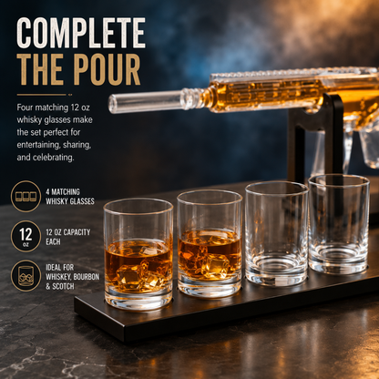 Crystal AR Limited Edition Whiskey Decanter Set with Silencer Stopper and 4 Whiskey Glasses