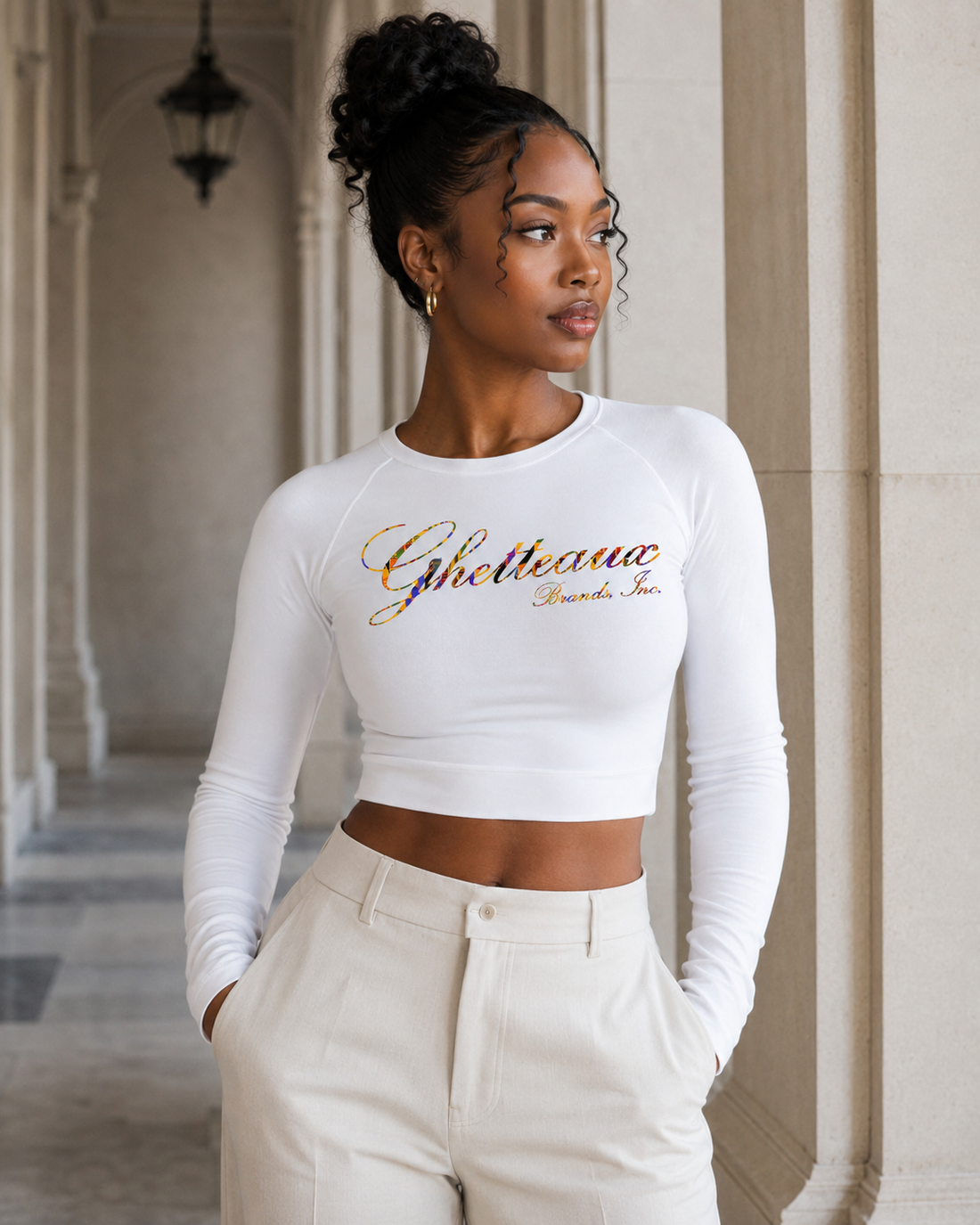 Classic Ghetteaux in Slate (NEW) on White Long Sleeve Luxe Womens Crop