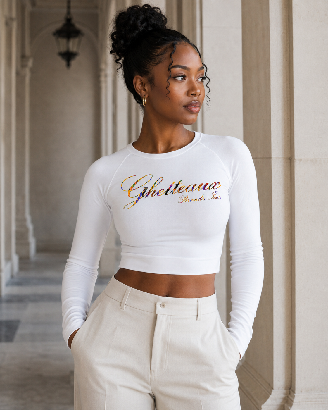 Classic Ghetteaux in Slate (NEW) on White Long Sleeve Luxe Womens Crop