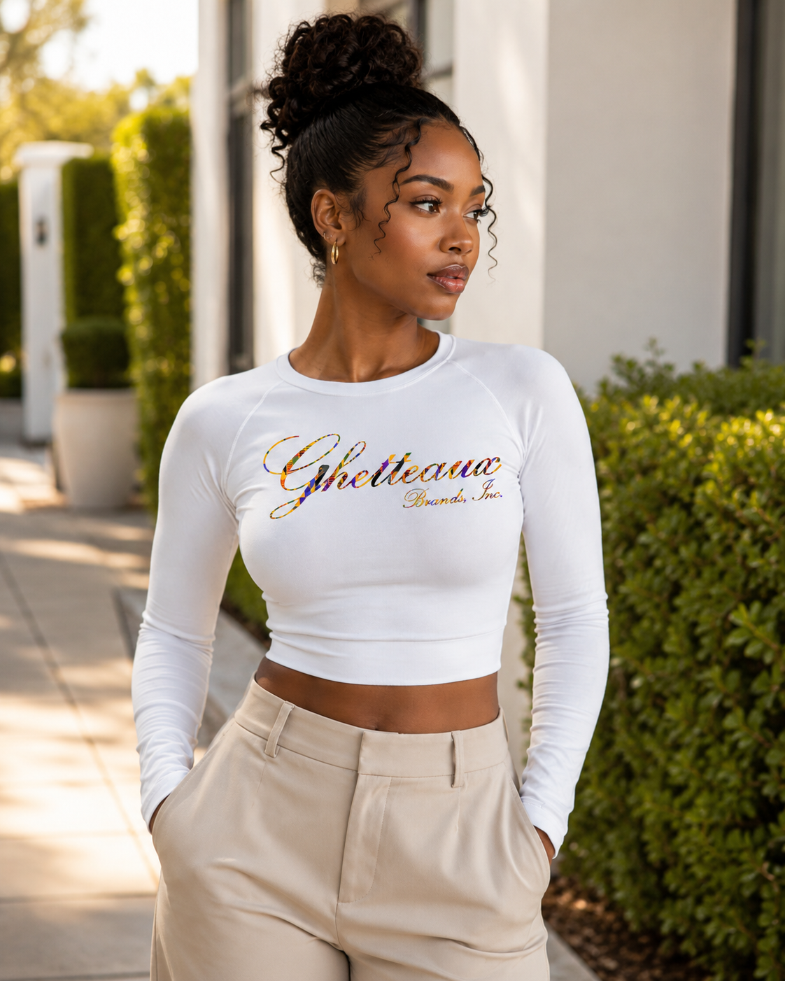 Classic Ghetteaux in Slate (NEW) on White Long Sleeve Luxe Womens Crop