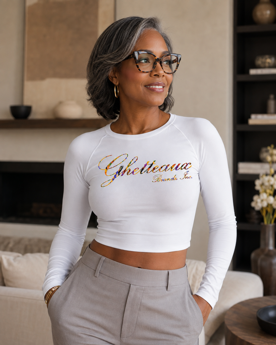 Classic Ghetteaux in Slate (NEW) on White Long Sleeve Luxe Womens Crop
