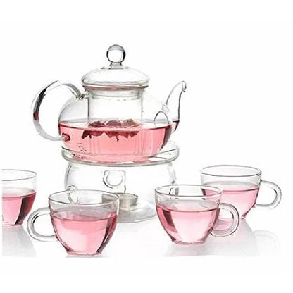 6-Piece Glass Tea Pot Set with 4 Cups Teapot Warmer and Infuser-0