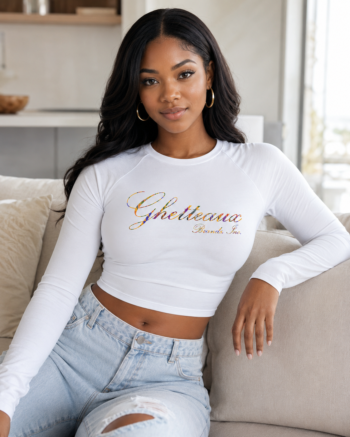 NEW! Classic Ghetteaux in GeoMulti on White Long Sleeve Women&