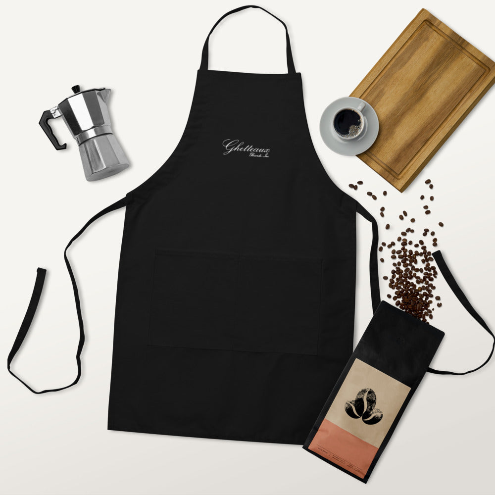 Classic Ghetteaux in White Embroidery on Black Apron