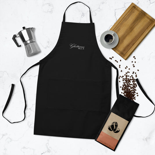 Classic Ghetteaux in White Embroidery on Black Apron