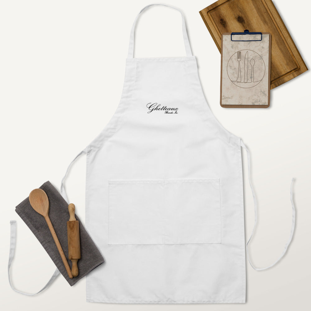 Classic Ghetteaux in Black Embroidery on White Apron