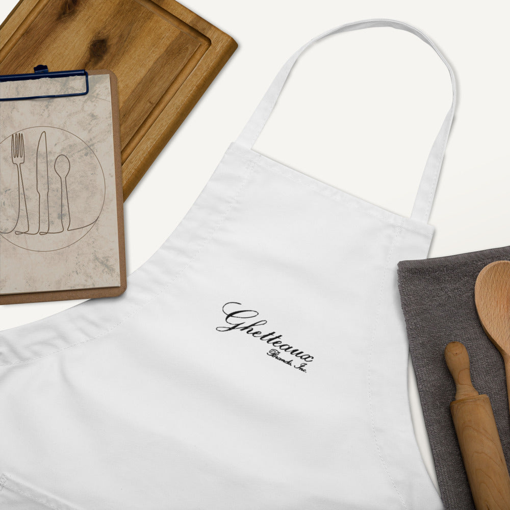 Classic Ghetteaux in Black Embroidery on White Apron